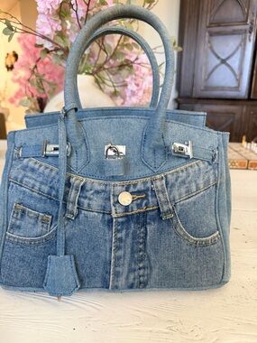 Denim Tote Bag with Top Handles - Light Blue